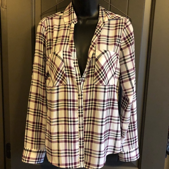 Express Tops - Express Long Sleeve Plaid Soft Silky Button Up